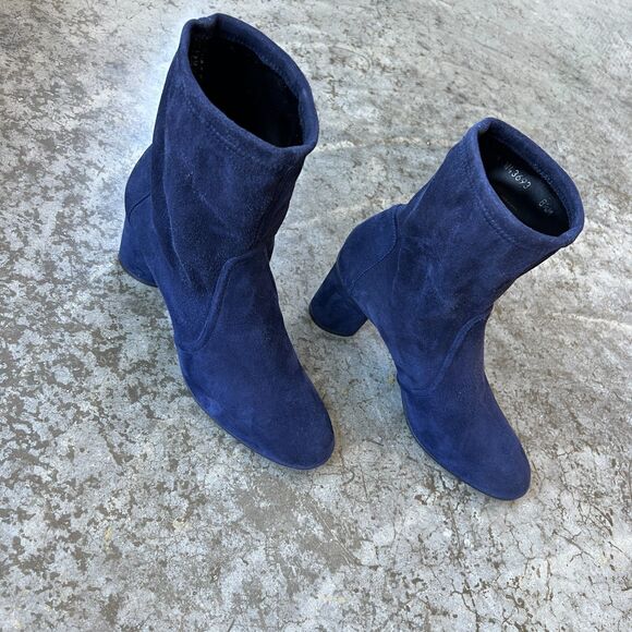 Stuart Weitzman Margot 75 Navy Blue Suede Ankle Sock Booties Block Heel 8.5 - Picture 11 of 11